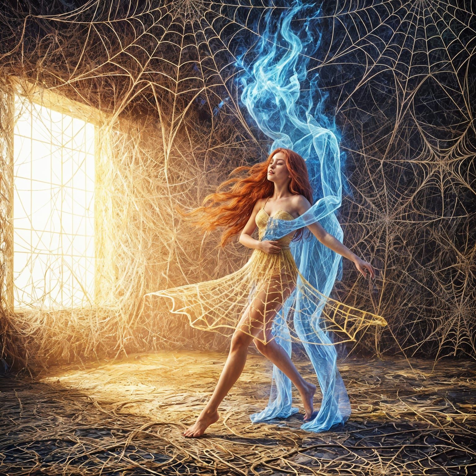 Girl Dances with Fire Spirit in Vibrant Spider Web Realm