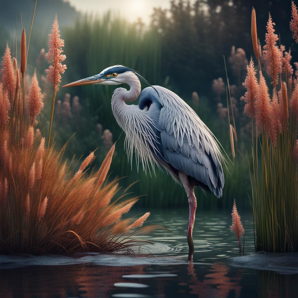 Heron in Riverbank: Detailed Matte Painting
