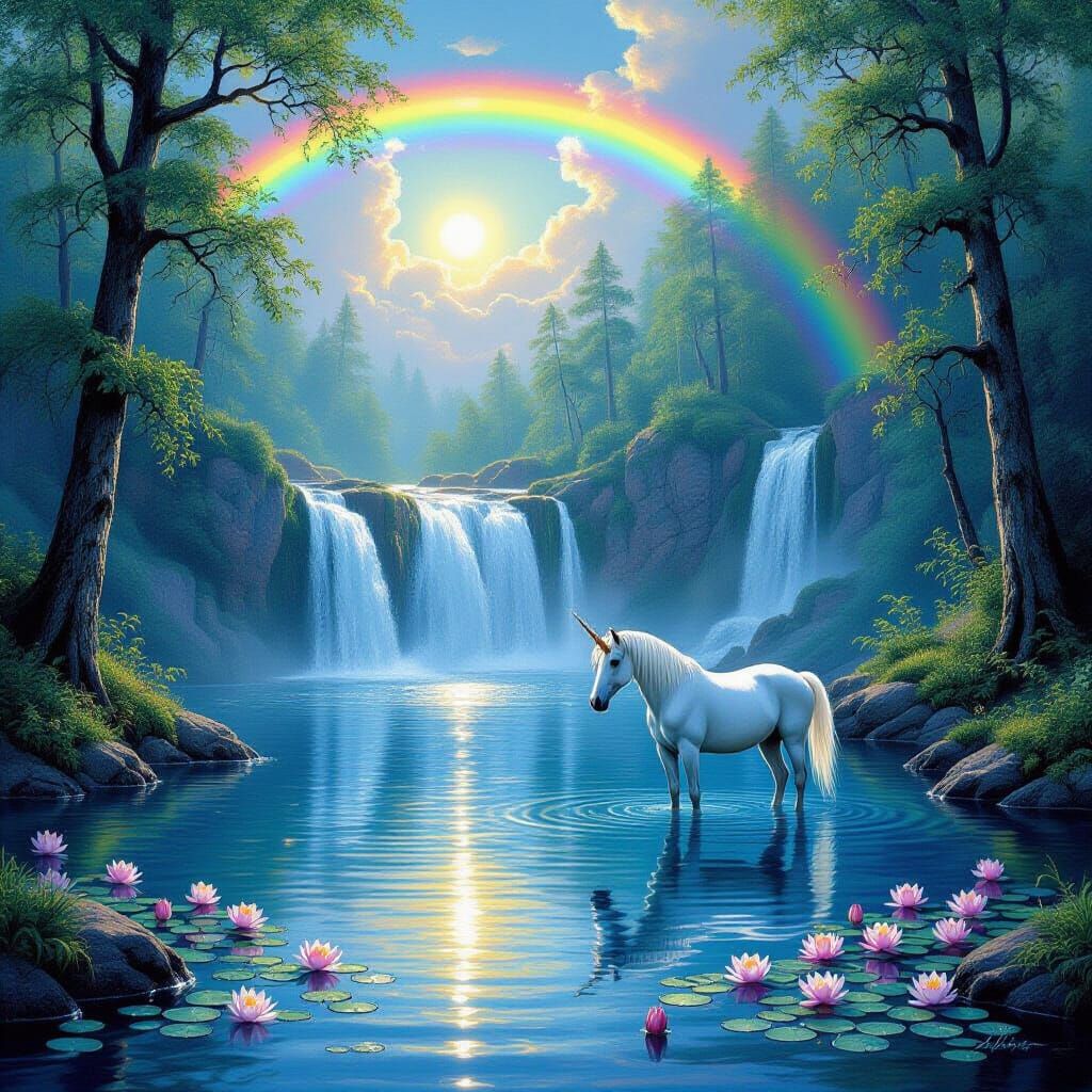 Magical Unicorn Drinks at Waterfall in Enchanted Forest