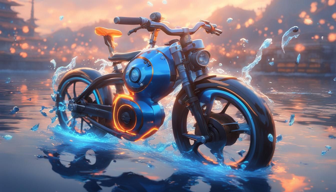 Anime Super Bicycle with Blue Flames on Water