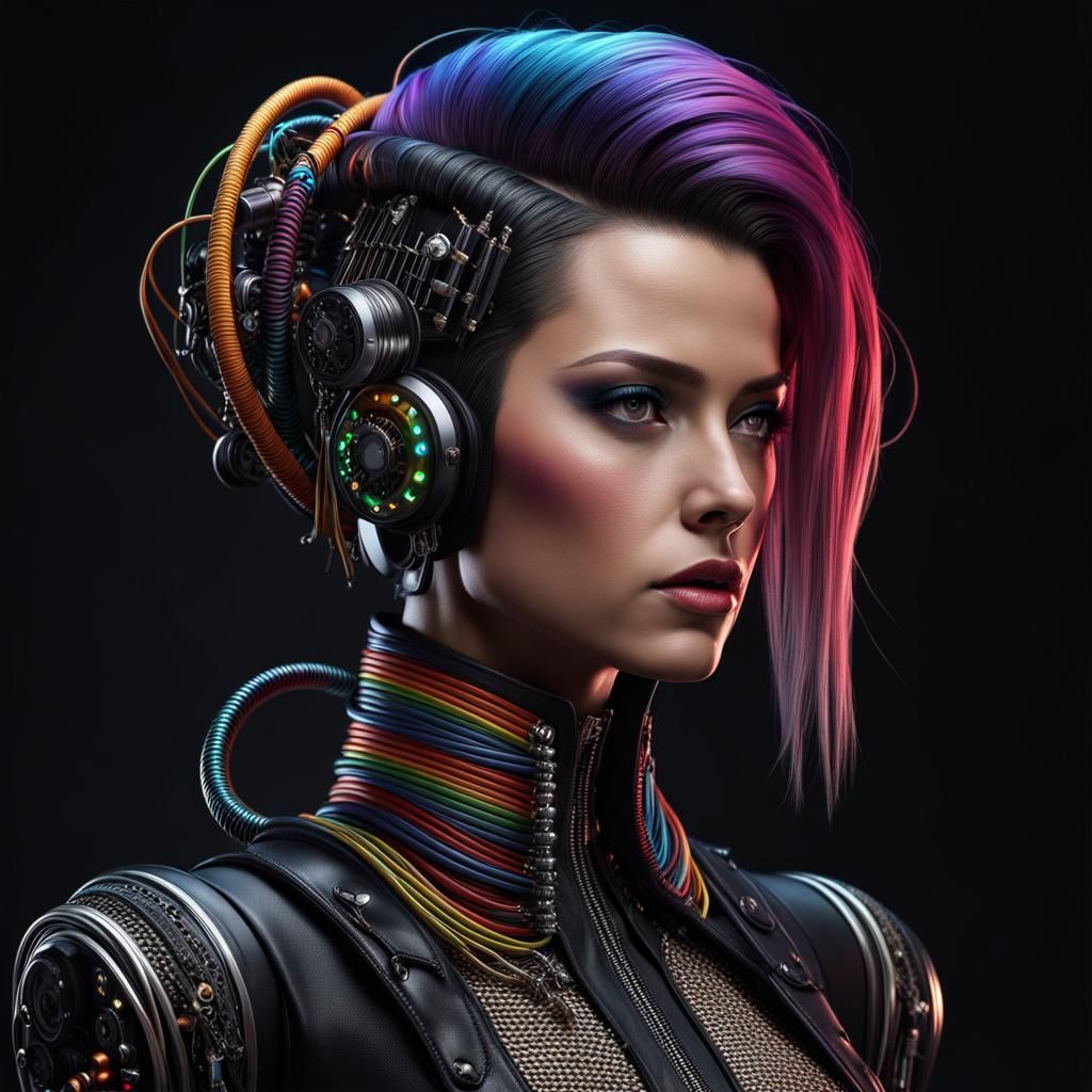 Steampunk Android Girl with Wire Hair in Cyberpunk Style