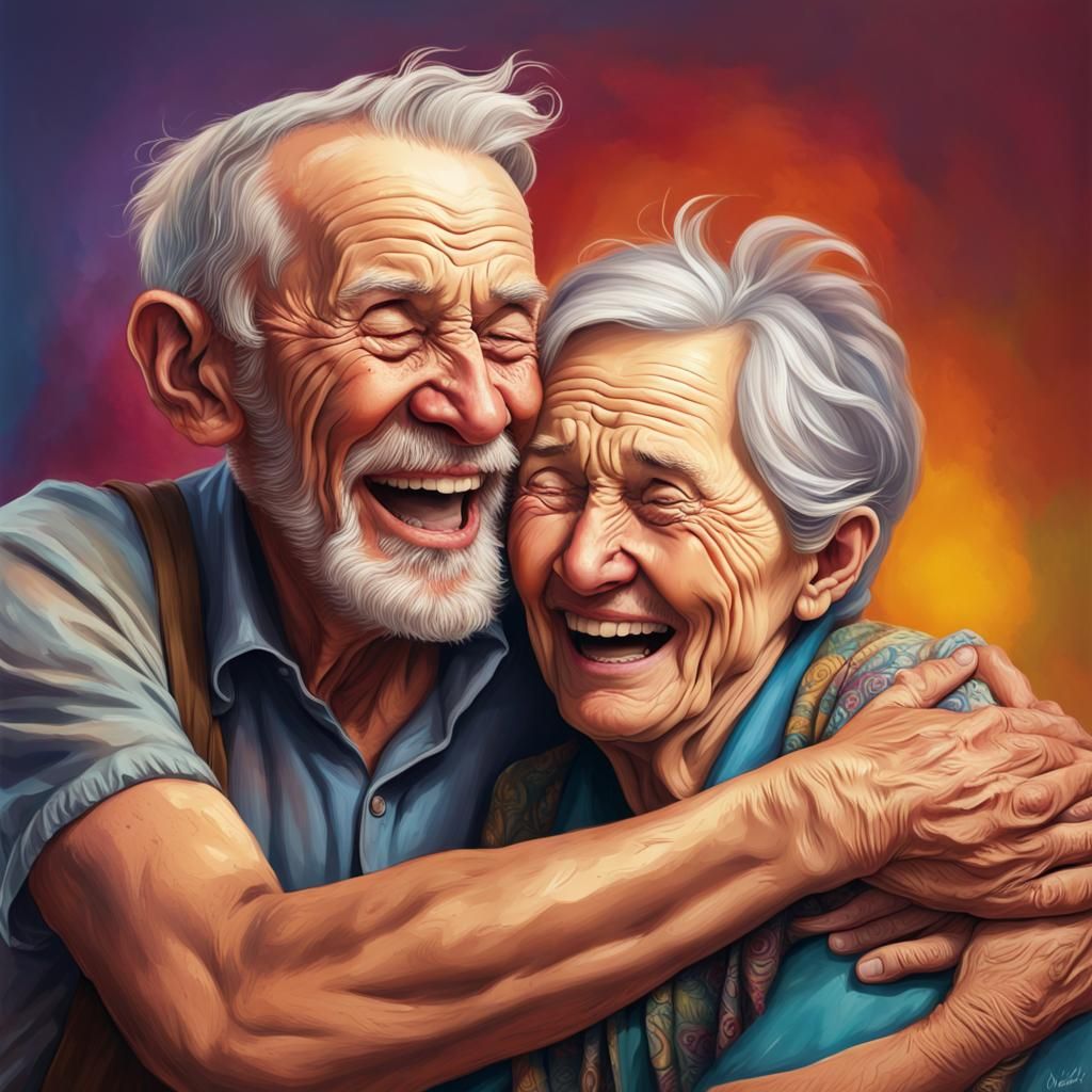 Laughing Elderly Couple in Hyperrealistic Splash Art