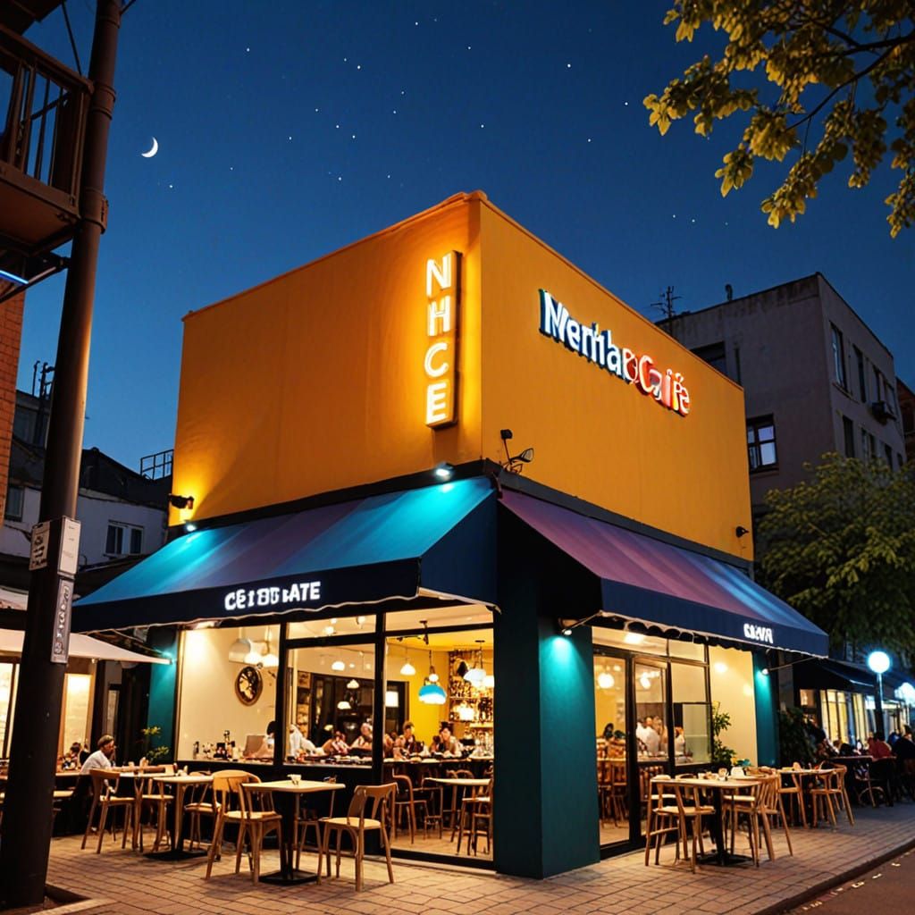 Modern Nighttime Cityscape at a Colorful Cafe