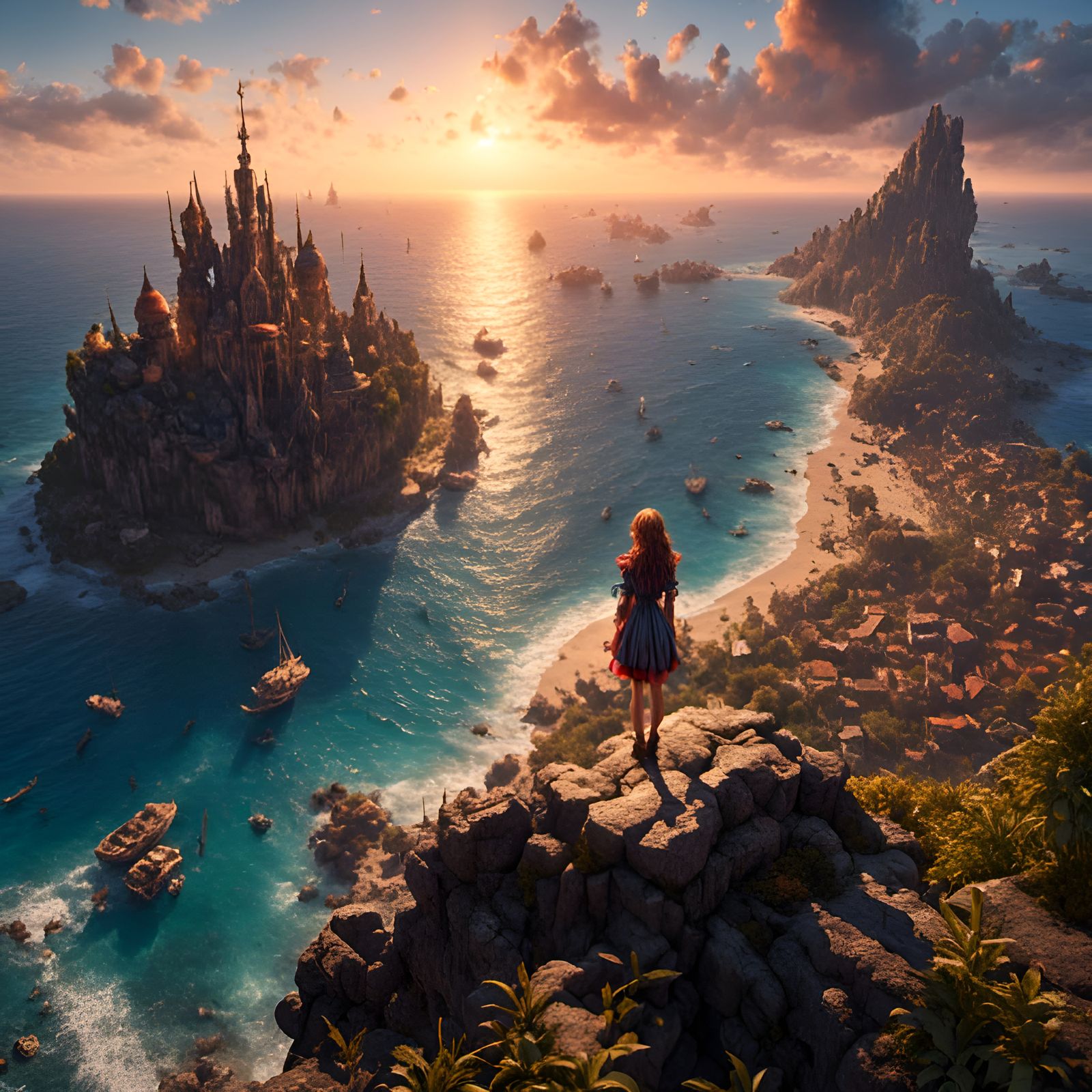 Girl on Island at Sunset: Detailed Matte Painting