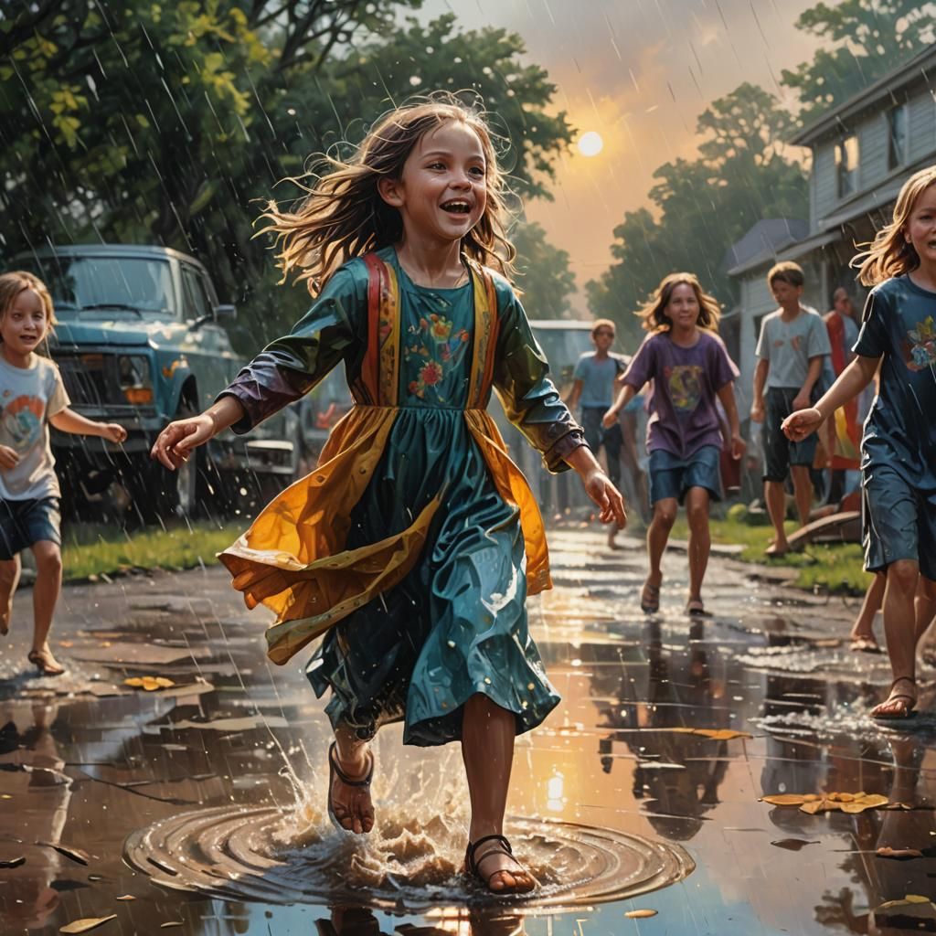 Children Dancing in Rain: Hyperrealistic Splash Art