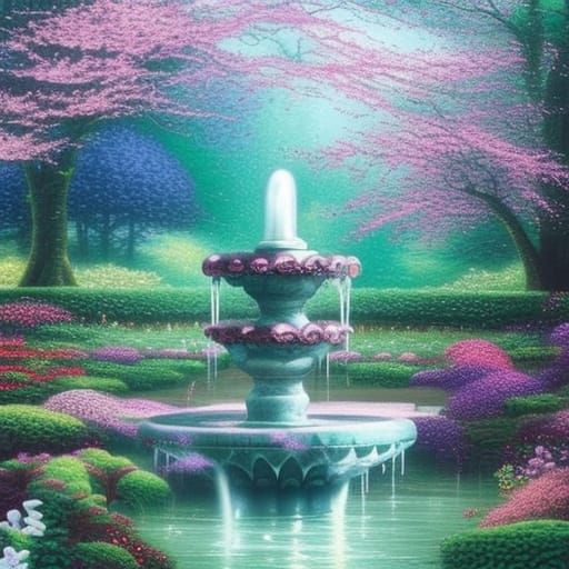 Water fountain with Beautiful crystal clear blue water& large water spout& Beautiful garden surrounding it& Beautiful ch...