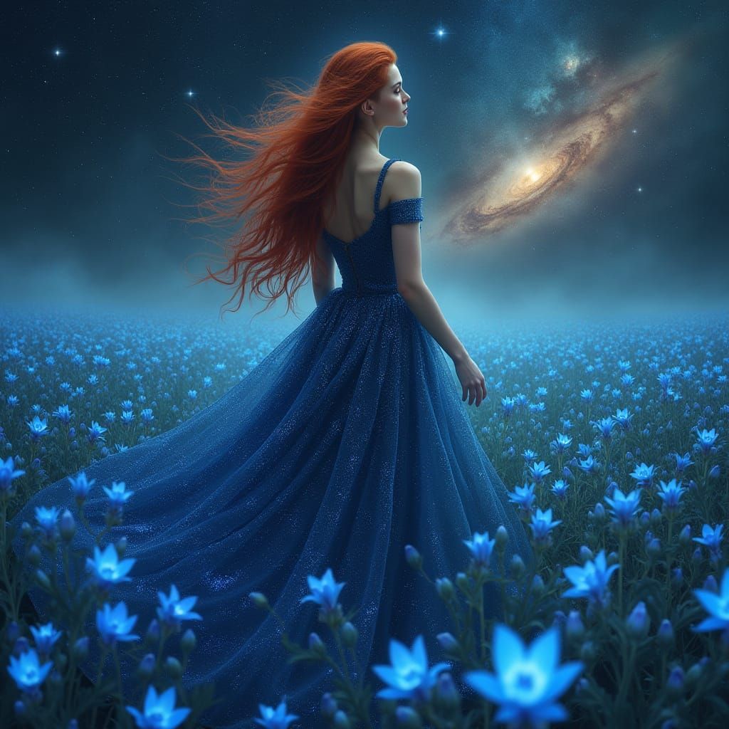 Ethereal Woman in Cosmic Flower Field