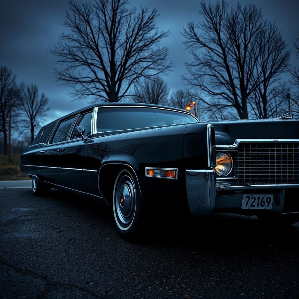 Black Cadillac Hearse in Dark Noir Gothic Style