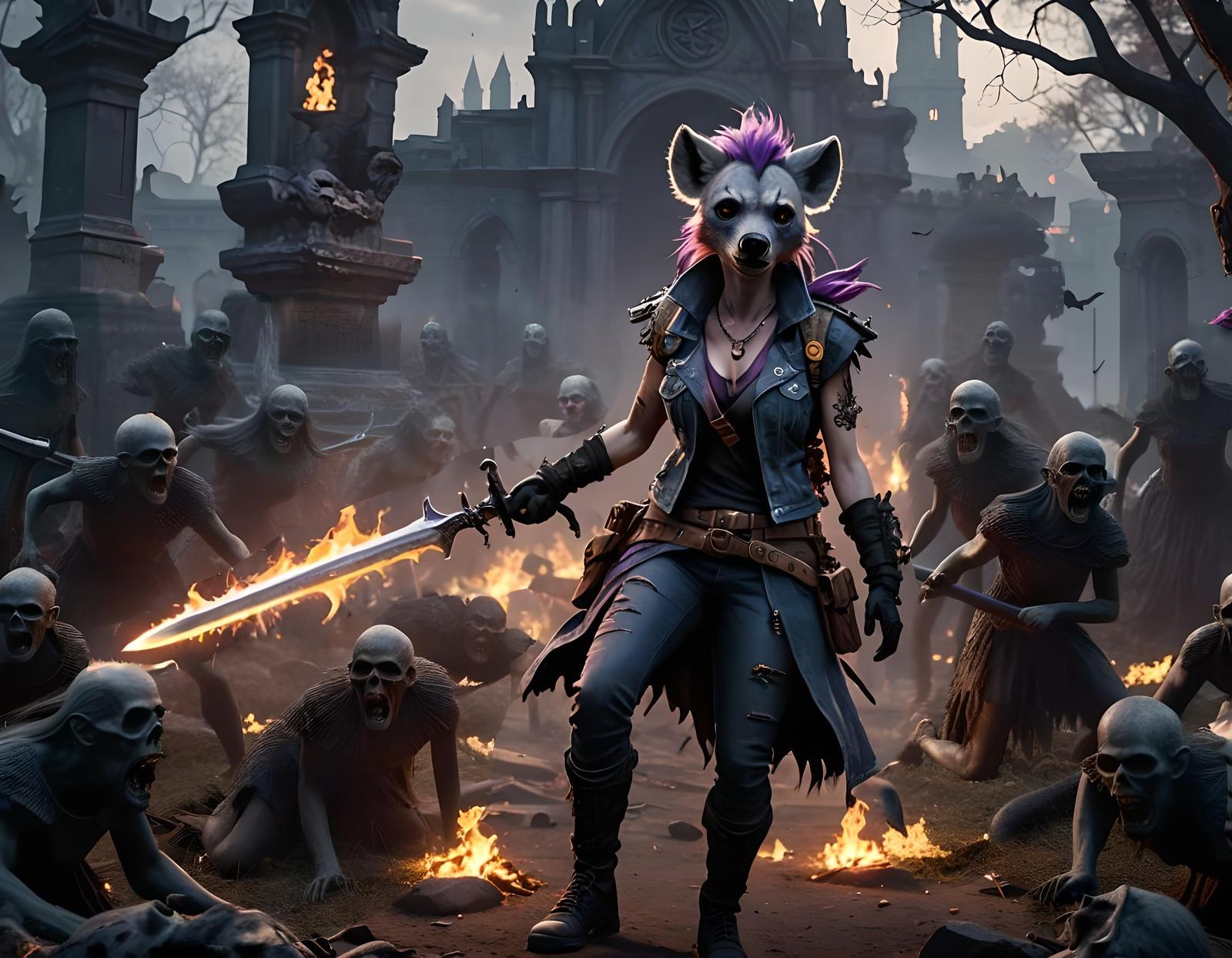 Woman with Flaming Sword in Graveyard of Ghouls