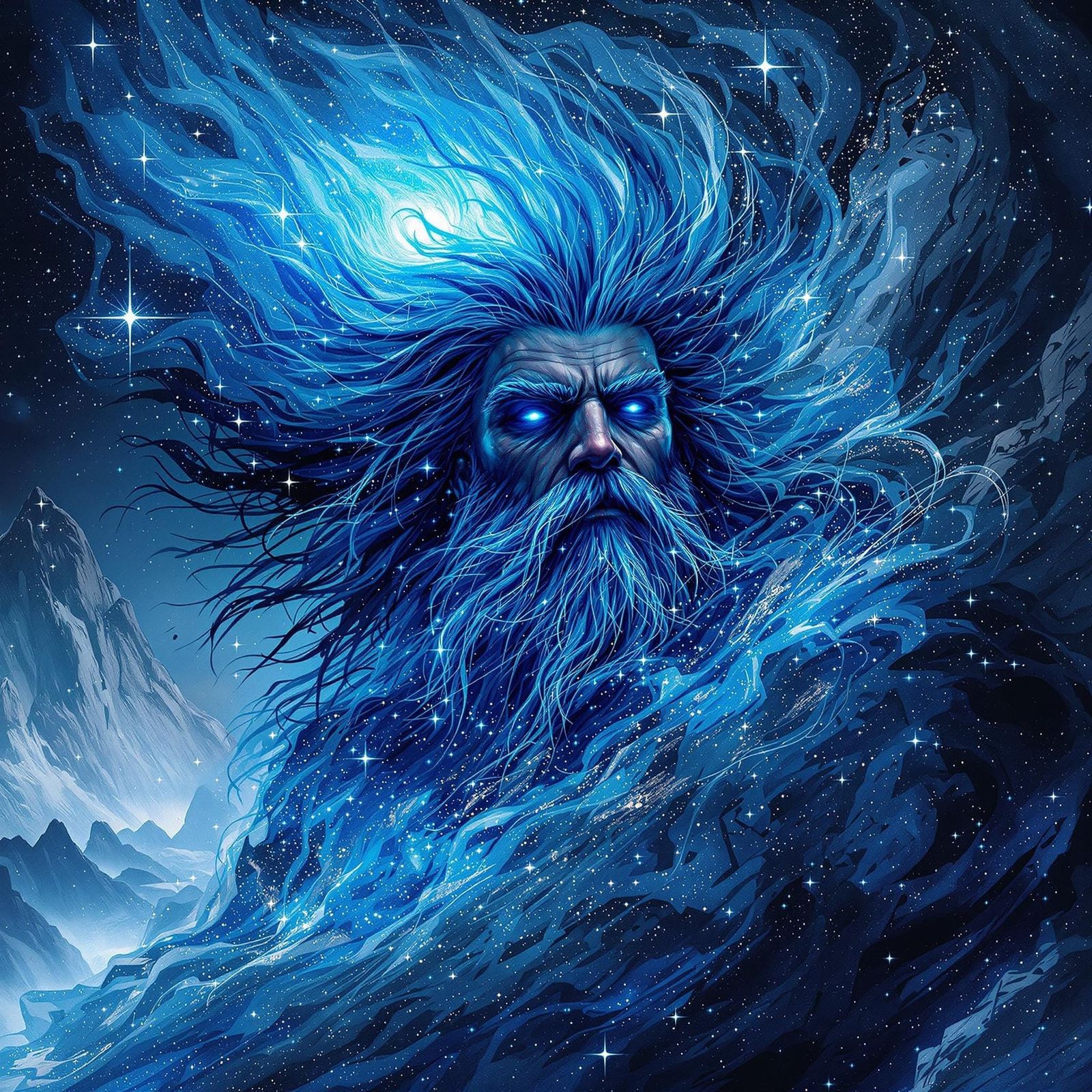Electric Blue Viking Warrior Dissolves into Cosmic Vortex