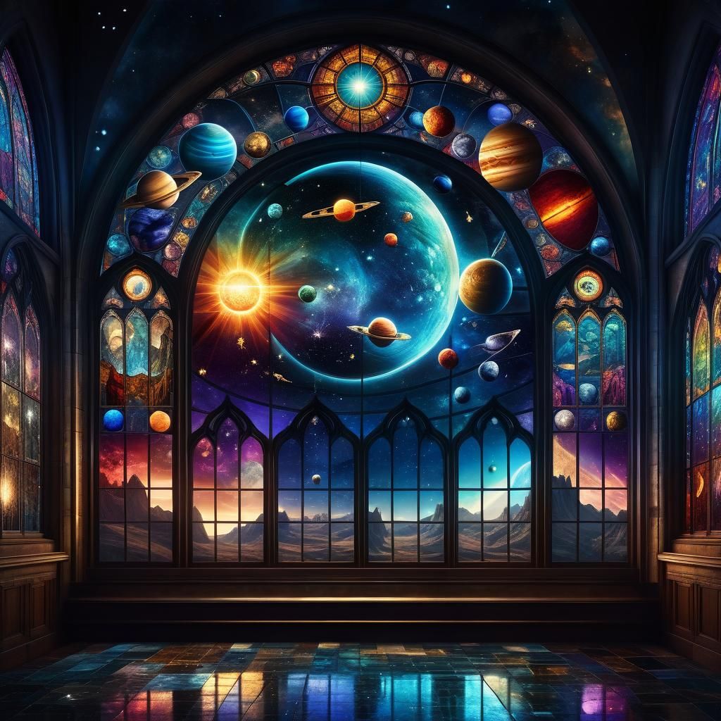 Celestial Stained Glass Window in Mixed Media