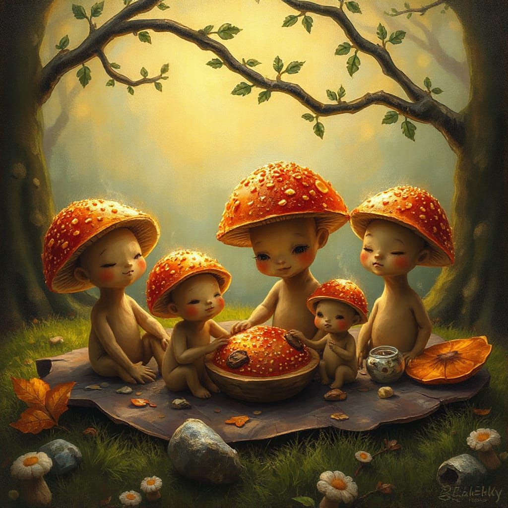 Whimsical Fantasy Illustration of Mushroom Family Picnic in ...
