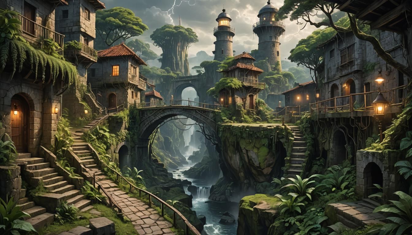Lush Jungle Civilization with Stone Bridges