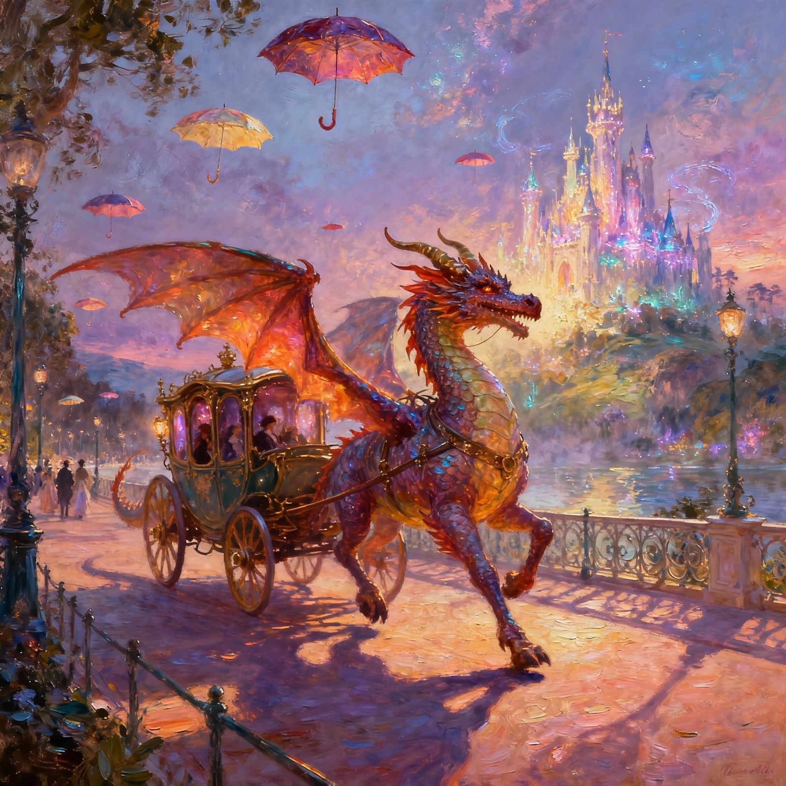 Dragon Carriage on Victorian Promenade with Fairy Castle