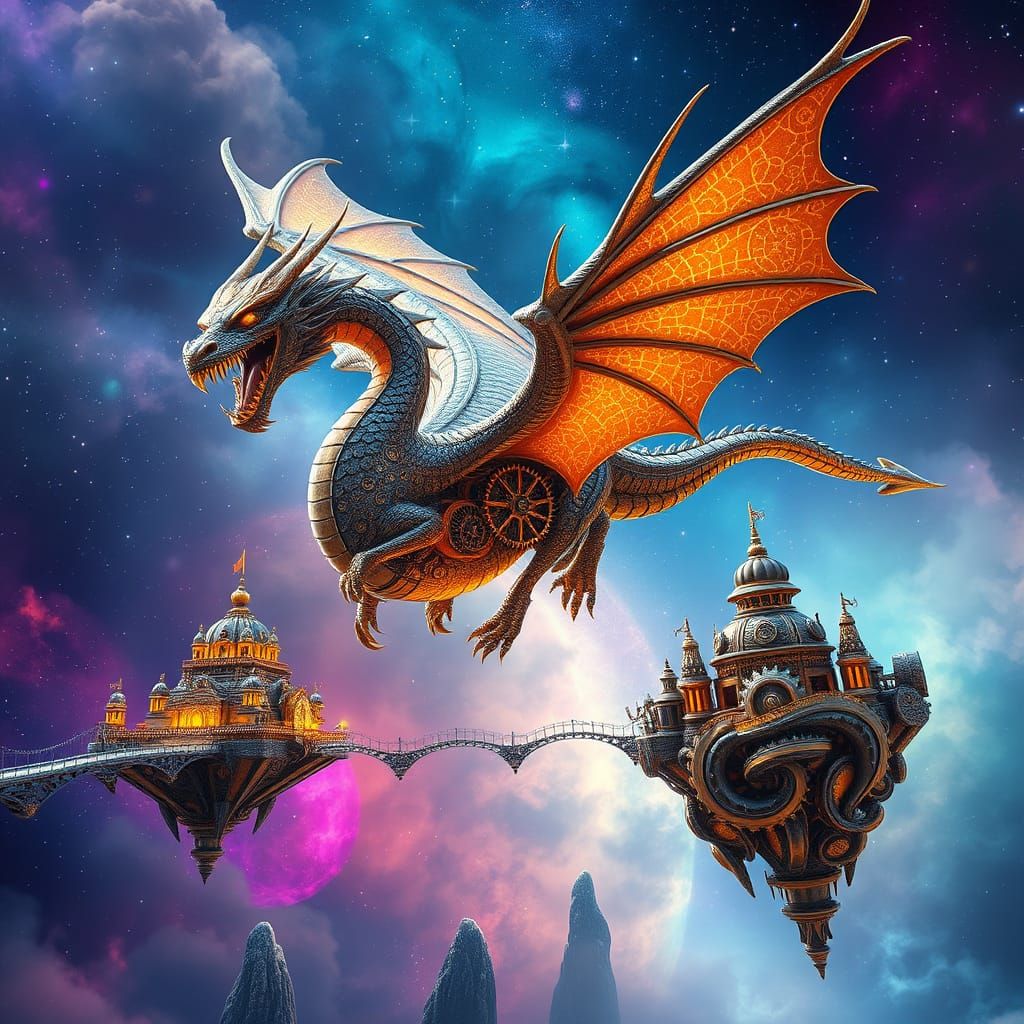 Clockwork Dragon Soaring Through Nebula, Fantasy Art