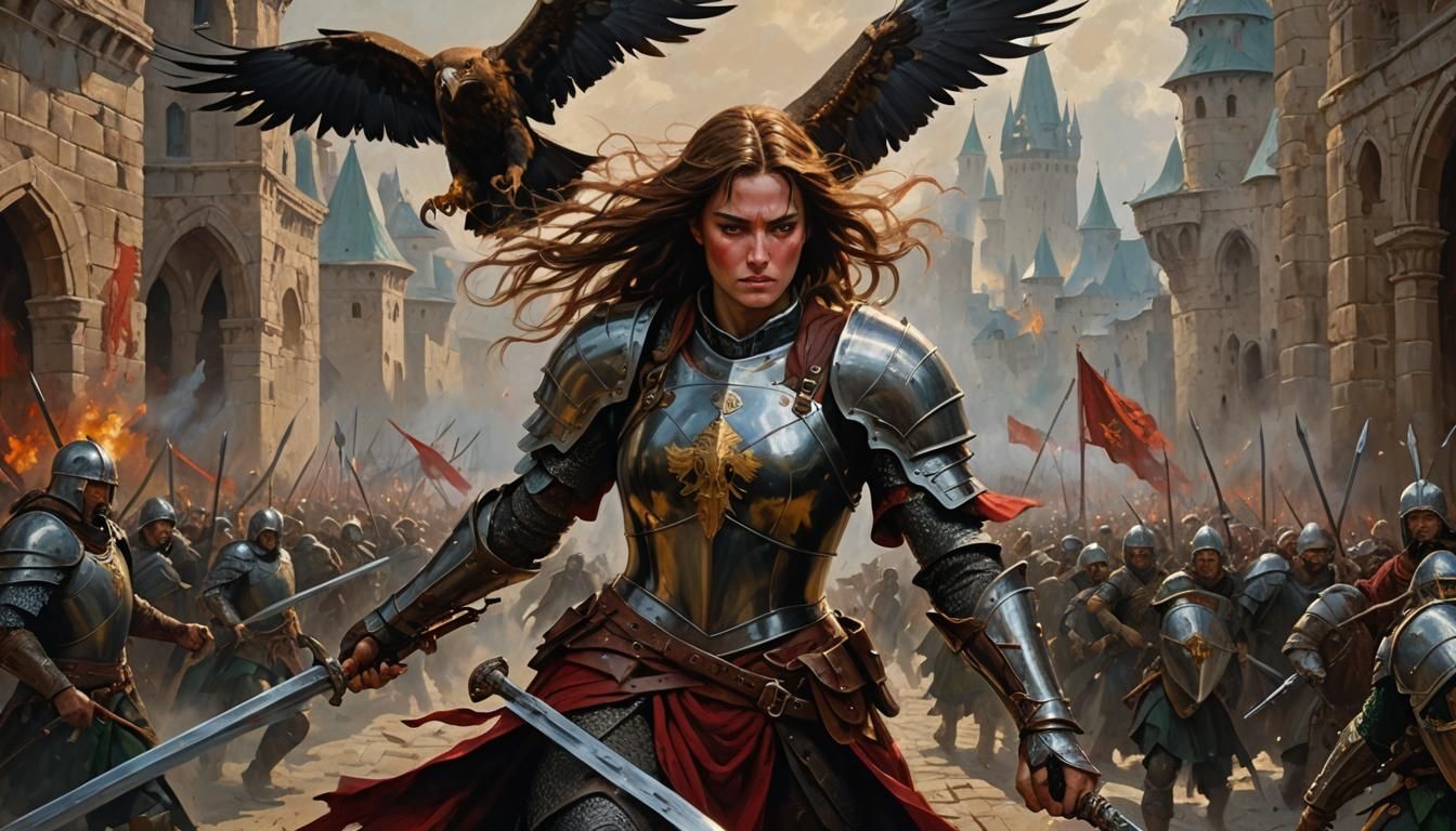 Female Knight in Red Armor, Impasto Oil Painting