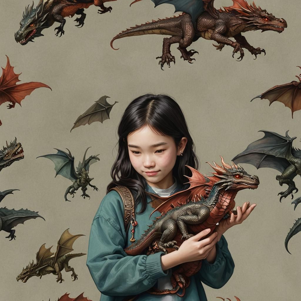Girl and Miniature Dragon Fantasy Art