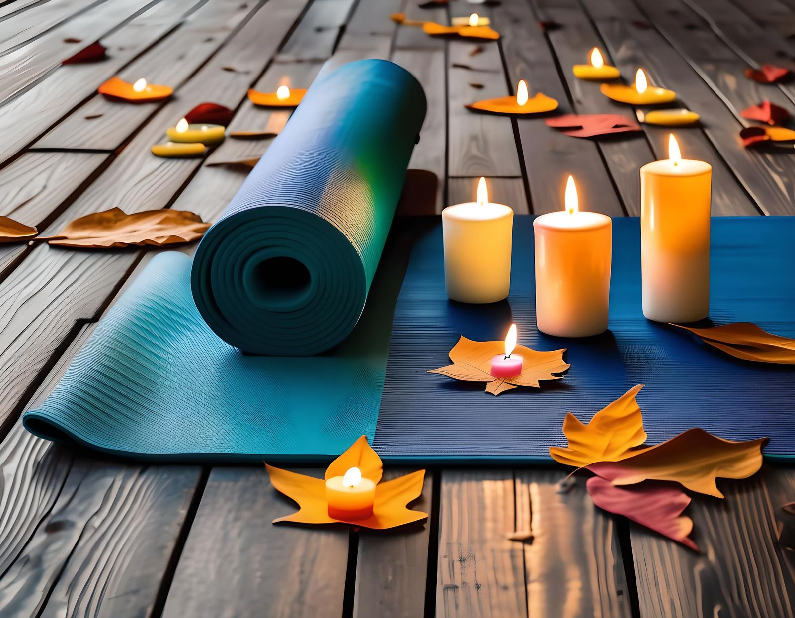 Serene Yoga Still Life with Candles and Autumn Leaves