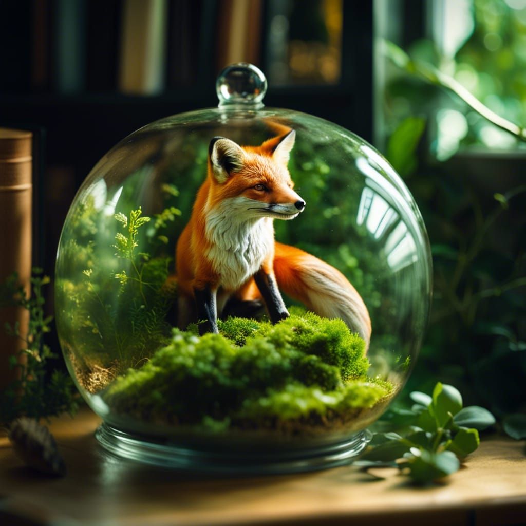 Fox in Glass Terrarium on Bookshelf