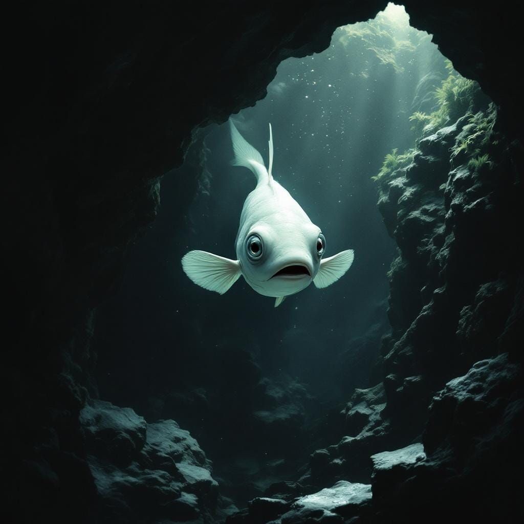a pale fish without eyes in the pitch-black caverns water of cave