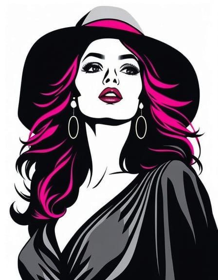 Glamorous 70s Lady in Black and White with Pink Accents