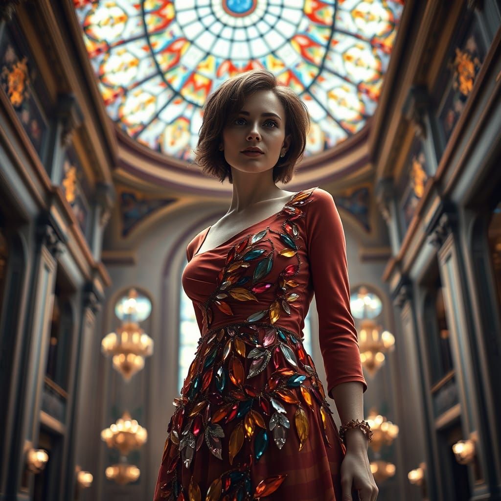 Woman in Crystal Dress Under Stained Glass Ballroom