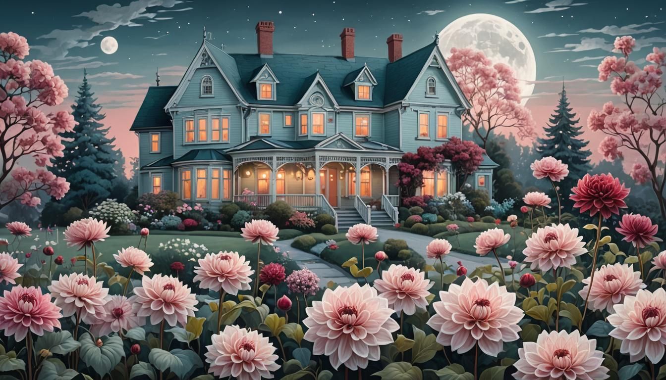 Fantasy Garden with Victorian House, Waterhouse Style