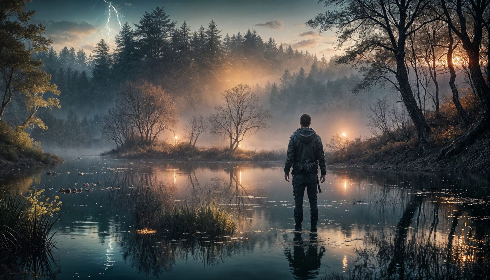 Mystical Lights Over Dark Forest Lake: Hyperrealistic Splash...