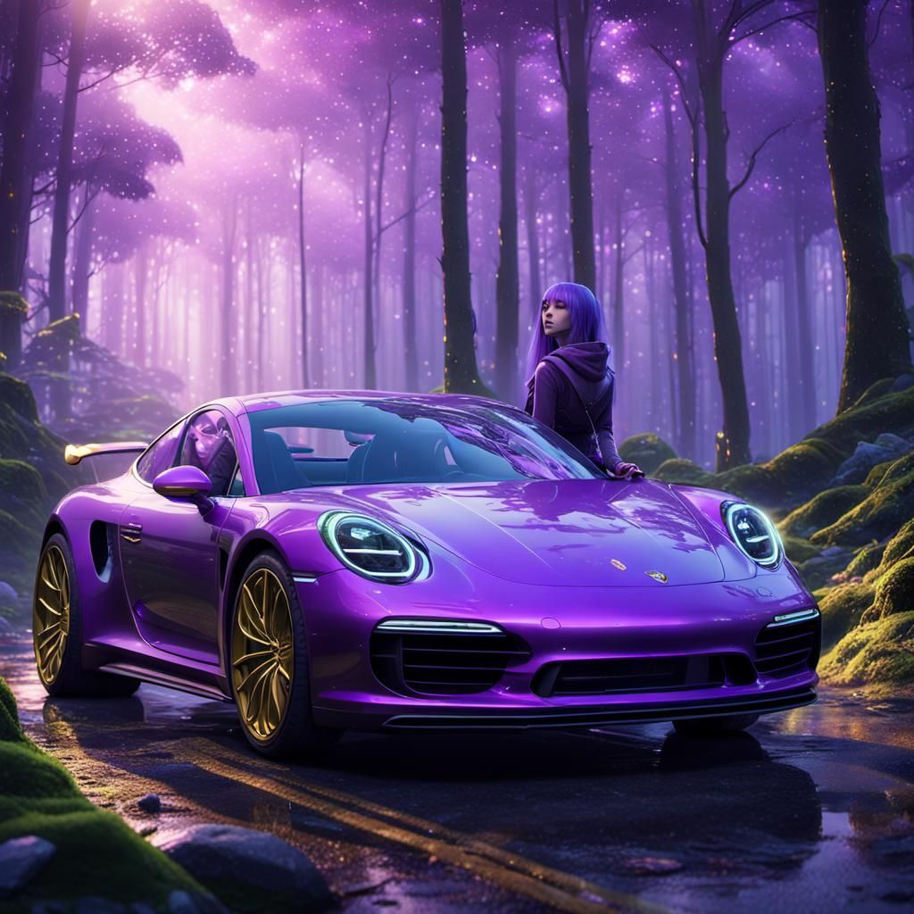 Anime Girl on Porsche in Mystical Forest