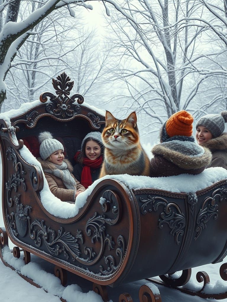 Winter Wonderland Scene with Friends and Curious Cat
