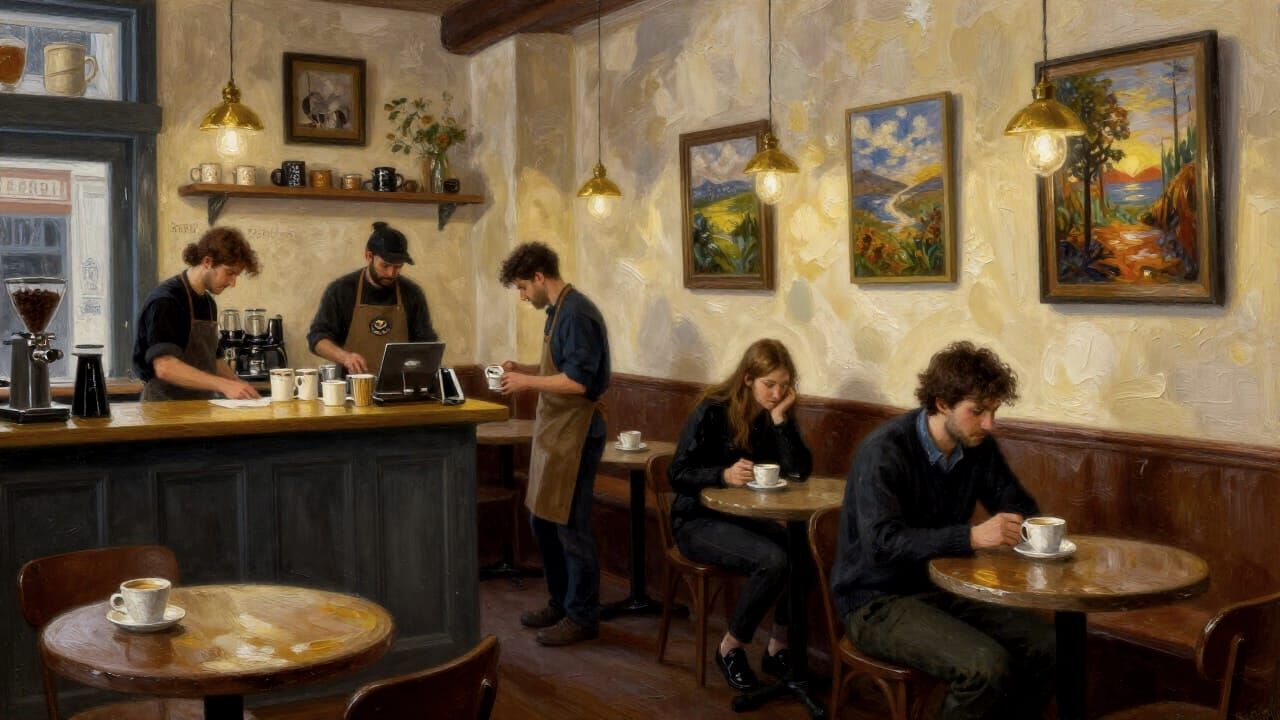 Cozy Cafe Scene with Baristas, Impasto Style