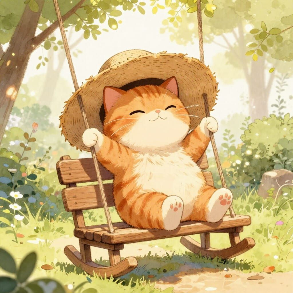 Fluffy Cat Swings Joyfully in Garden Hat