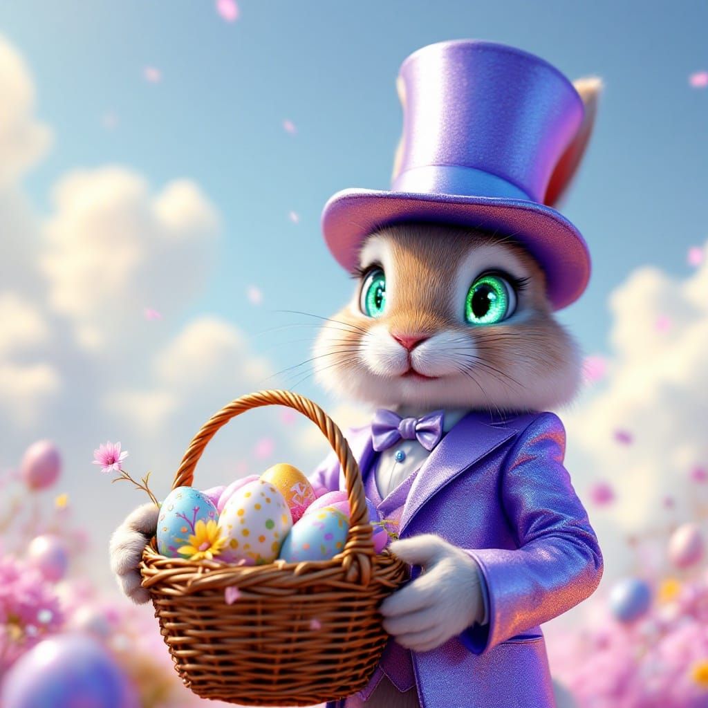 Peter Cottontail in Vibrant Easter Suit, Eggs, and Whimsical...