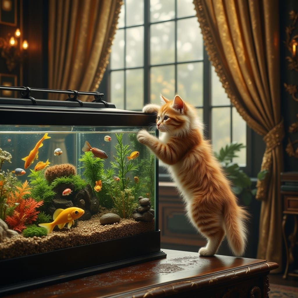 Kitten Gazing into Fish Tank, Audubon Style