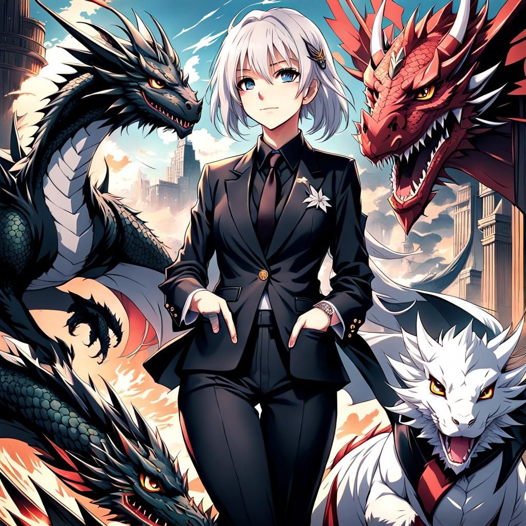 Anime Girl and Dragon Companion in Manga Style