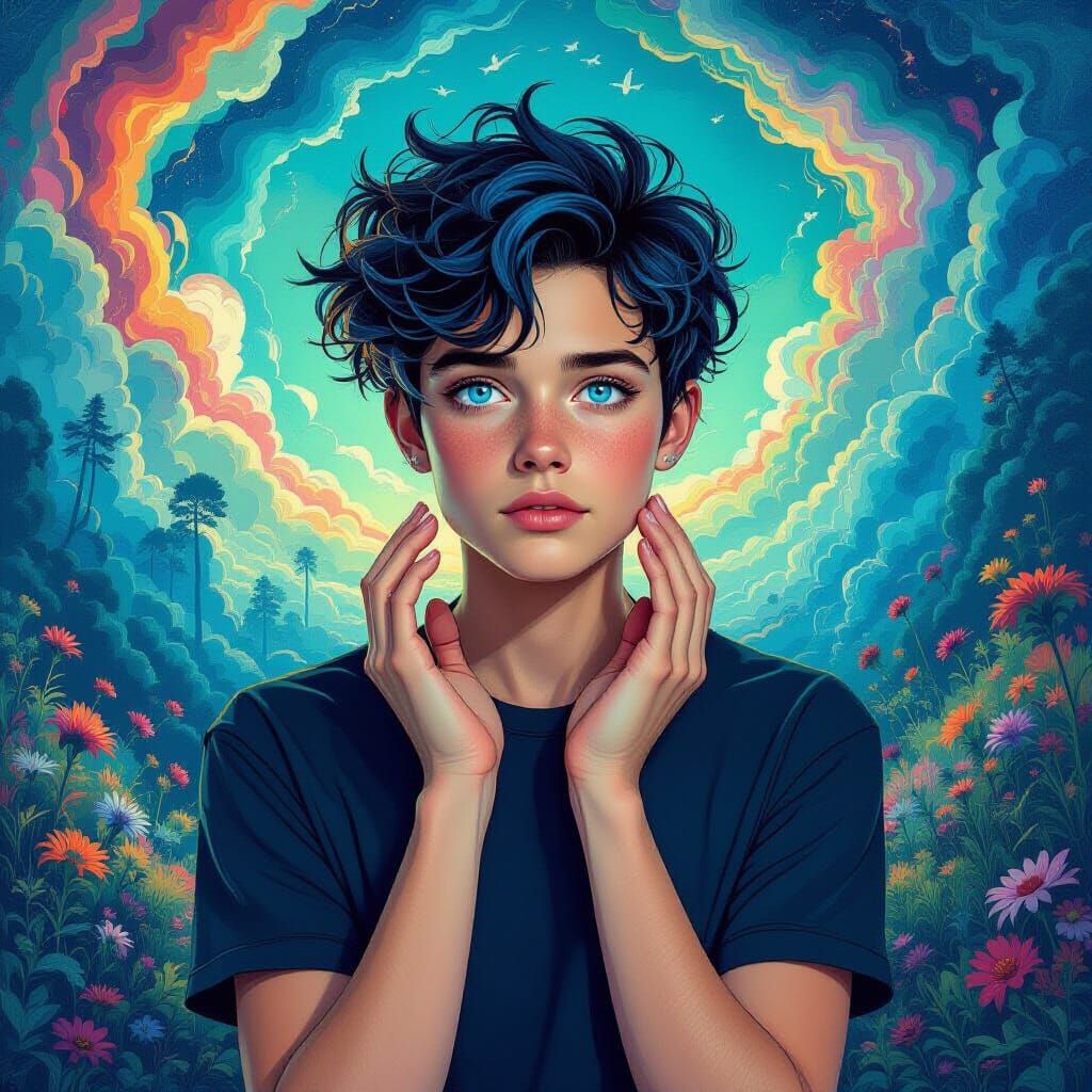 Dreamlike Self-Discovery: Surreal Portrait with Swirling Col...