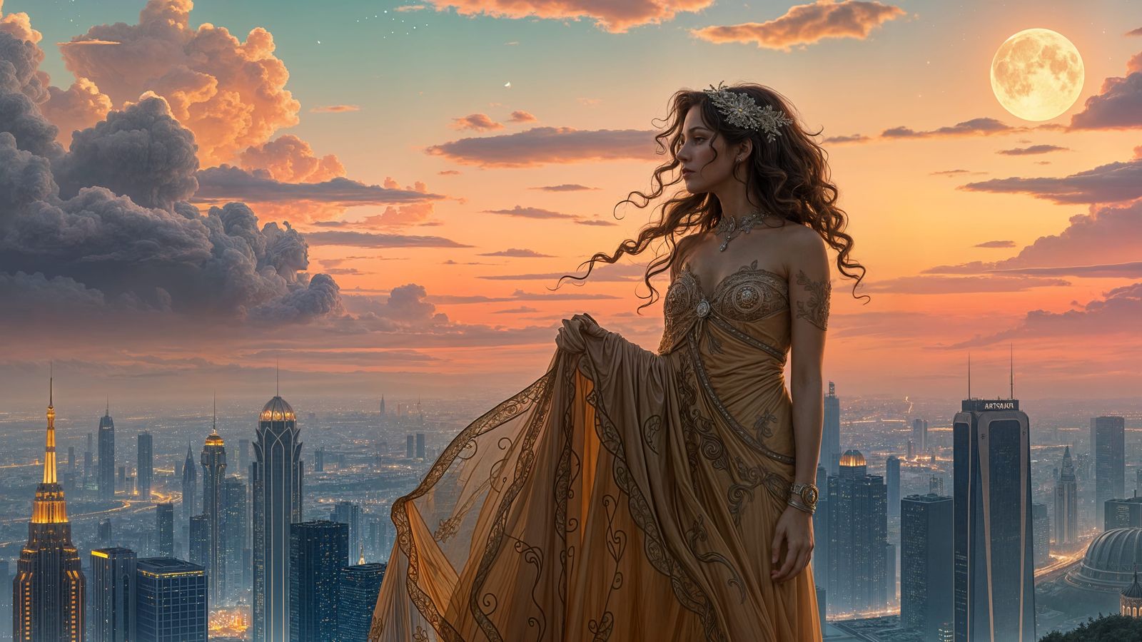 Art Nouveau Futuristic Cityscape at Twilight