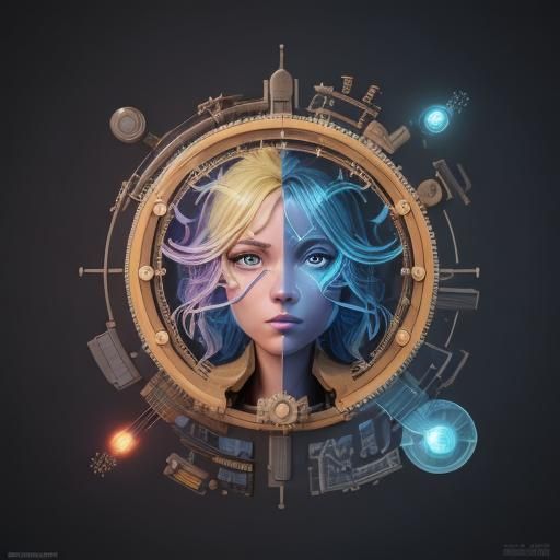 Abstract Steampunk Engine in Cosmic Illustration