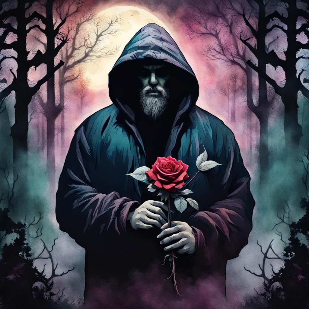 Ominous Man with Rose in Foggy Forest Painting