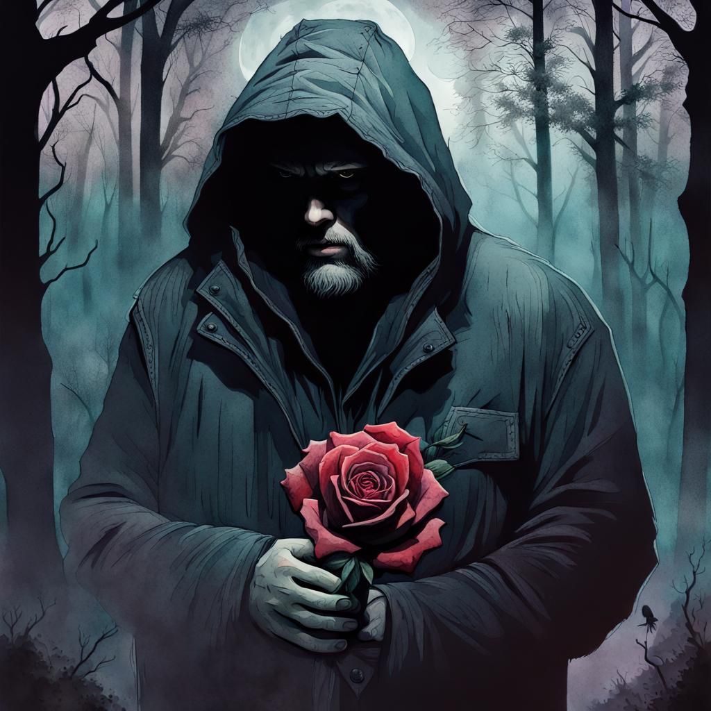 Ominous Man with Macabre Rose in Moonlit Forest