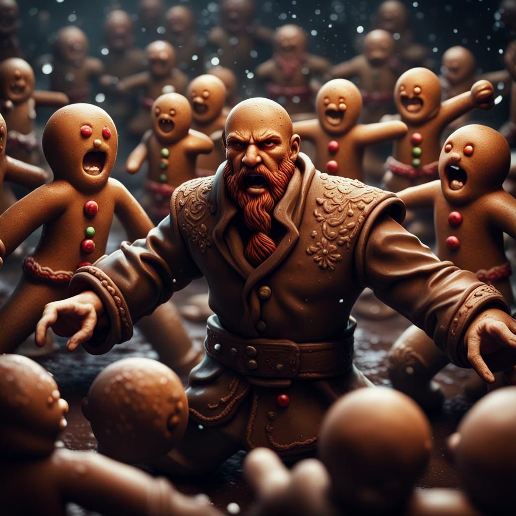 Angry Man's Gingerbread Battle: Dark Fantasy Art