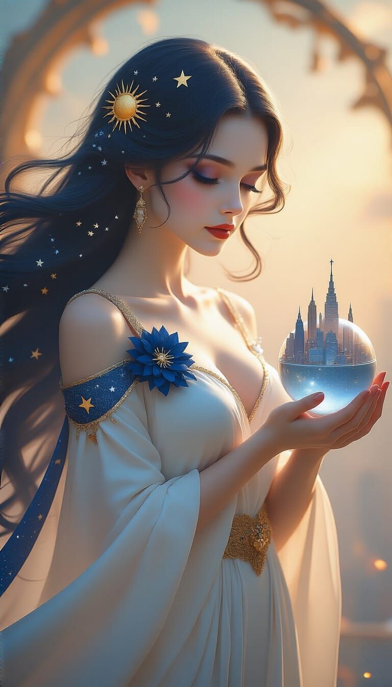 Galaxy Goddess Cradling Miniature City: Ethereal Digital Art