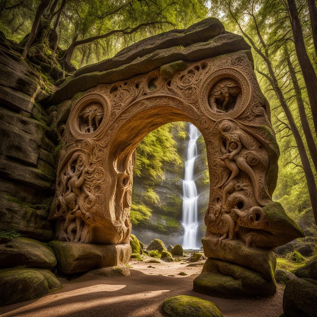 Intricate Stone Archway with Mythical Carvings