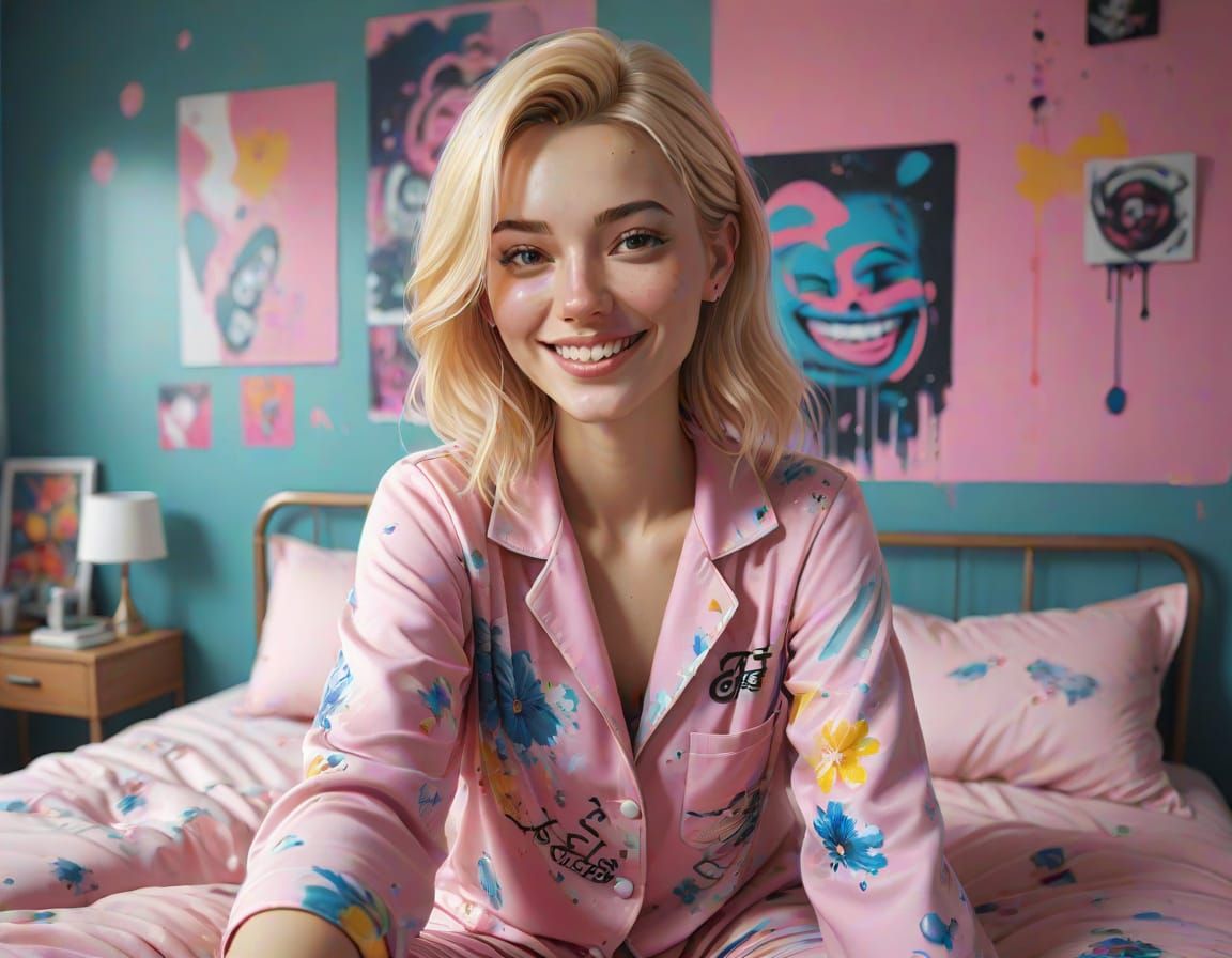 Young Woman Poses for Selfie in Pink Bedroom