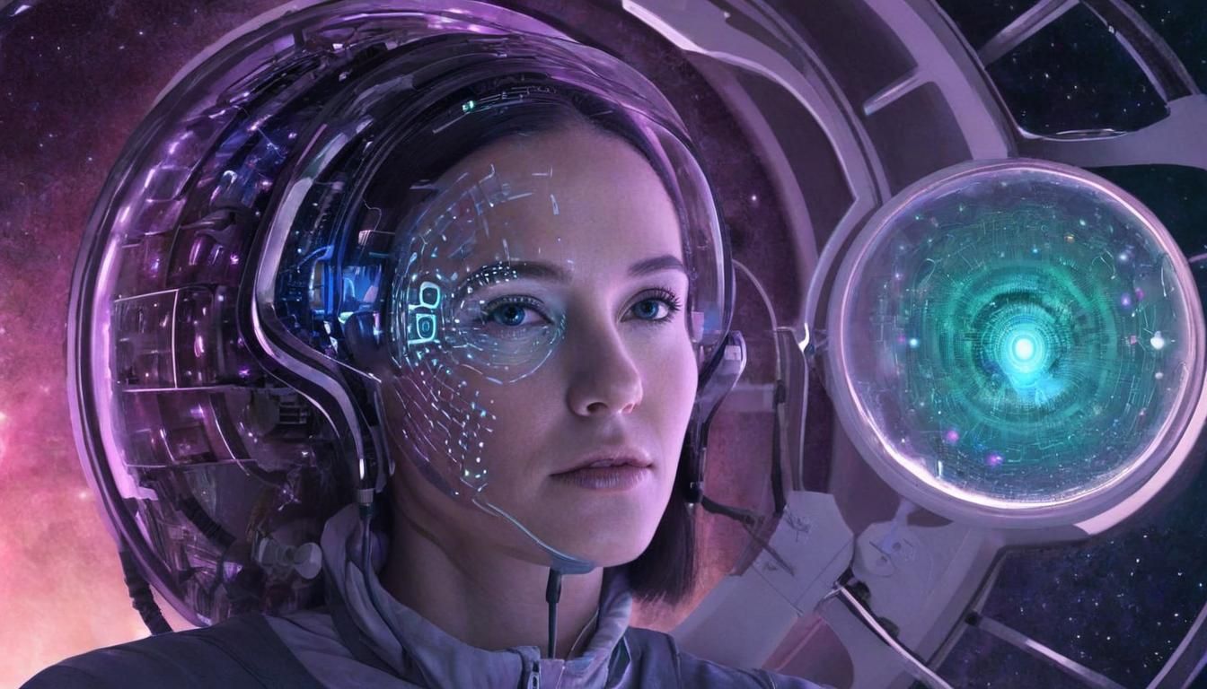 Biometric Android Woman in Laboratory Near Space Portal