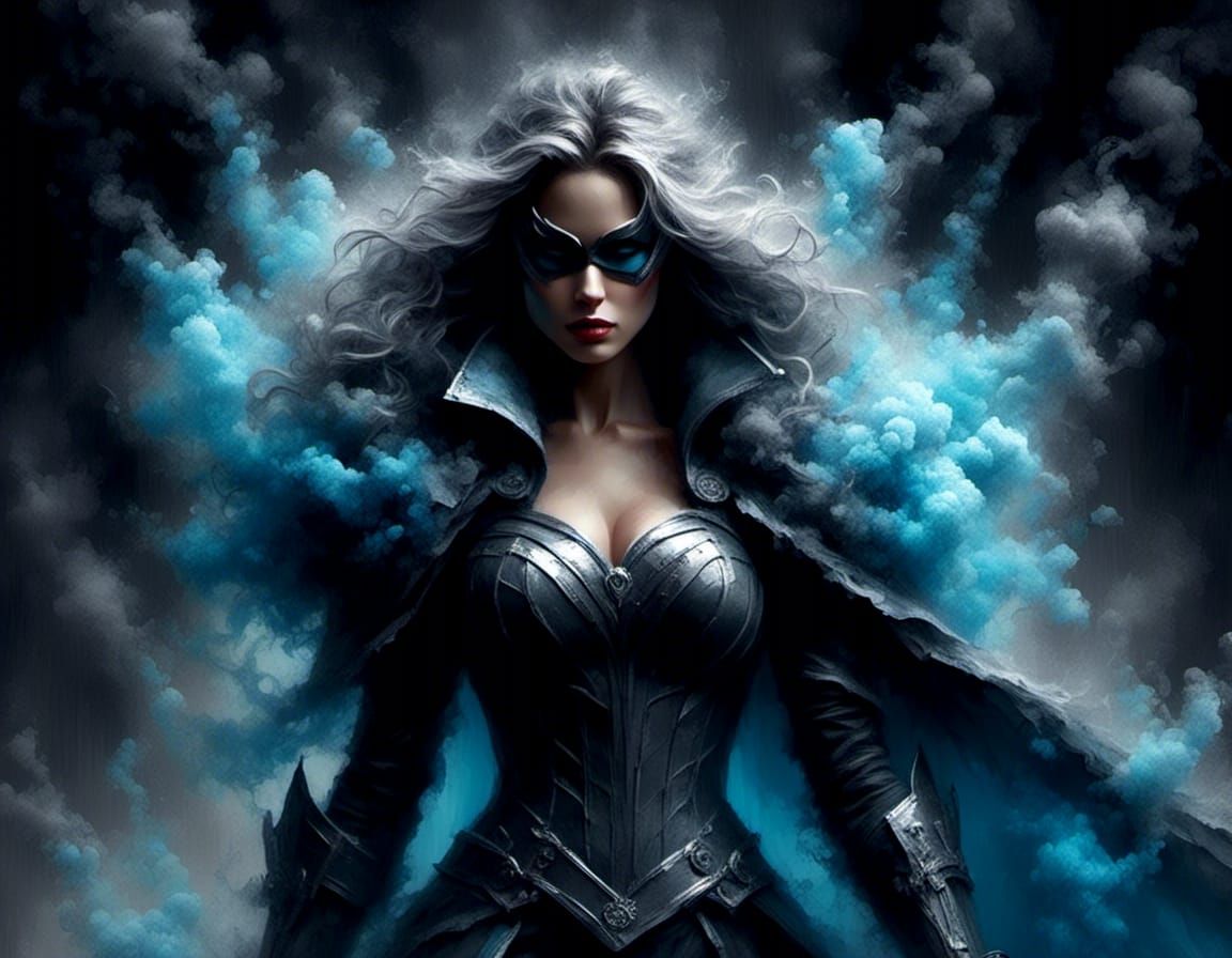 Female Superhero Gliding Through Dark Alley as Oil Painting