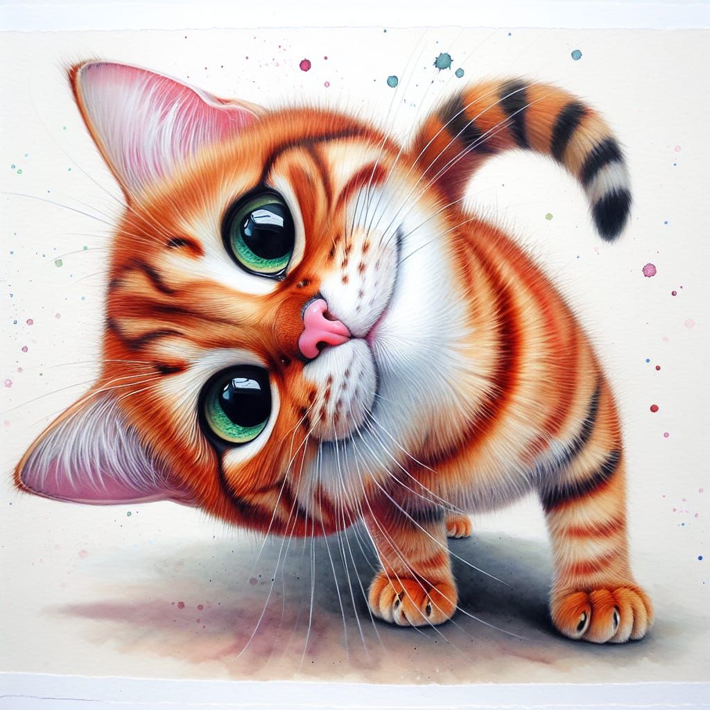 Red Tiger Cat Portrait as Watercolor Oil Painting