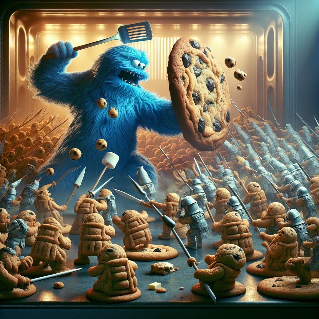 Cookie Creature's Kitchen Combat: Whimsical Fantasy Scene
