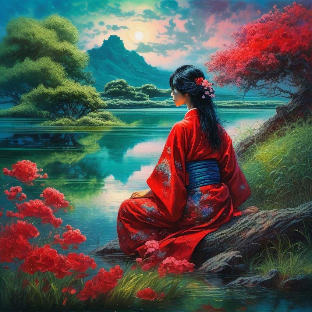 Girl in Red Kimono by Lake: Surrealist Fantasy Art