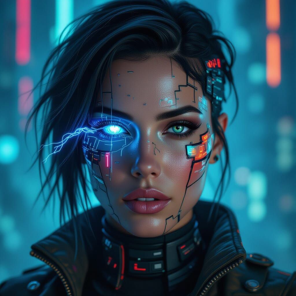 Cyberpunk Hacker with Digital Mosaic Face in Glitch Art